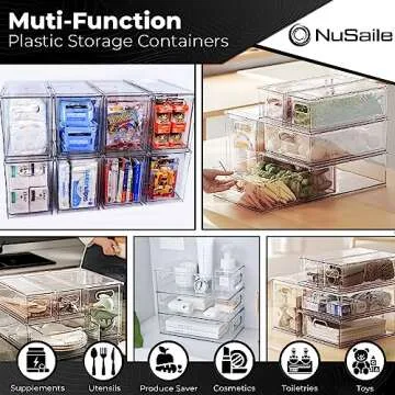 NuSaile Stackable Refrigerator Organizer Bins Pull Out Drawers with Handles - Vegetable and Fruit Storage Containers for Fridge - Plastic Kitchen Food Storage Bins - 6L with Dividers+3L+3L (3 PC Set)