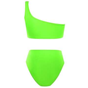 Byoauo Women Bikini One Shoulder Top with High Waisted Bottom Two Piece Swimsuit Fluorescent Green
