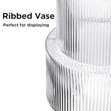 GMFINE Ribbed Glass Vase, Fluted Clear Vase for Bouquet, Modern Flower Vase for Centerpieces Living Room Dining Table Home Decor, 7.2" H (Cylinder, Clear)