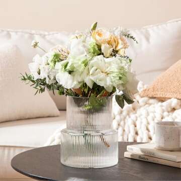 GMFINE Ribbed Glass Vase, Fluted Clear Vase for Bouquet, Modern Flower Vase for Centerpieces Living Room Dining Table Home Decor, 7.2" H (Cylinder, Clear)