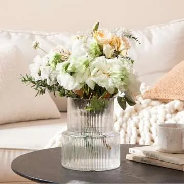 GMFINE Ribbed Glass Vase, Fluted Clear Vase for Bouquet, Modern Flower Vase for Centerpieces Living Room Dining Table Home Decor, 7.2" H (Cylinder, Clear)