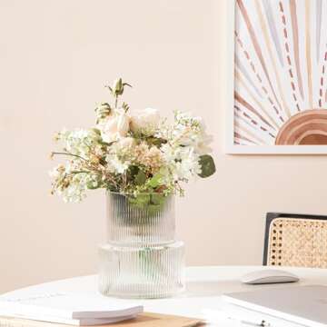 GMFINE Ribbed Glass Vase, Fluted Clear Vase for Bouquet, Modern Flower Vase for Centerpieces Living Room Dining Table Home Decor, 7.2" H (Cylinder, Clear)