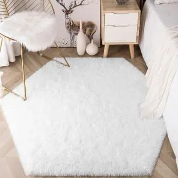 EVOIONOS White Hexagon Rug for Princess Tent, Fluffy Area Rug for Kids Room, 4x4.6 Feet Hexagon Rug for Girls Tent, Furry Soft Nursery Rug, Fuzzy Plush Carpet for Teen Girls Bedroom
