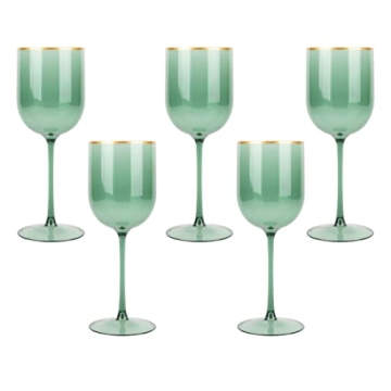 PLASTICPRO Green Wine Cup with Gold rim Plastic Wine Glasses Set of 5 Elegant Wine Goblets Hard Plas...