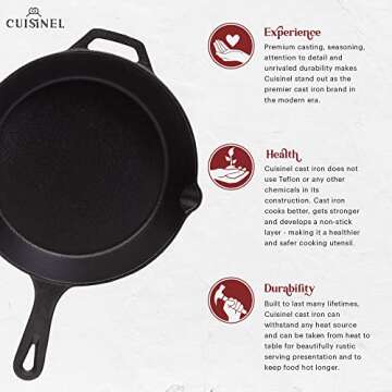 Cuisinel Pre-Seasoned Cast Iron Skillet (10-Inch) with Glass Lid and Handle Cover Oven Safe Cookware...