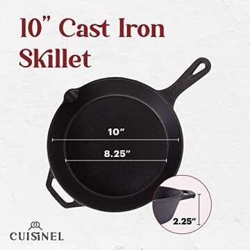 Cuisinel Pre-Seasoned Cast Iron Skillet (10-Inch) with Glass Lid and Handle Cover Oven Safe Cookware - Heat-Resistant Holder - Indoor and Outdoor Use - Grill, Stovetop, Induction Safe