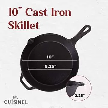 Cuisinel Pre-Seasoned Cast Iron Skillet (10-Inch) with Glass Lid and Handle Cover Oven Safe Cookware - Heat-Resistant Holder - Indoor and Outdoor Use - Grill, Stovetop, Induction Safe