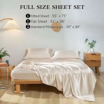 Revdomfly 4 Pcs Full Size Luxury Silky Soft Gold Satin Sheet Set,1 Premium Moisture Wicking Fitted Sheet Fits Up to 16 Inches Deep Pocket + 1 Flat Sheet + 2 Pillowcases（Gold, Full）