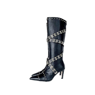 DREAMCIA Studded Buckle Knee High Boots for Women,Sexy Stiletto Heel Mid Calf Boots for Women,Fashio...