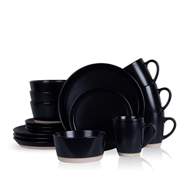 Stone Lain Jules Modern Stoneware 16-piece Round Black Dinnerware Set, Plates and Bowls Sets, Dish S...