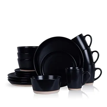 Stone Lain Jules Modern Stoneware 16-piece Round Black Dinnerware Set, Plates and Bowls Sets, Dish S...