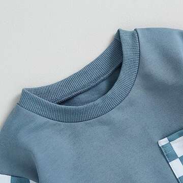 Fall Winter Toddler Baby Boy Clothes 2Pcs Color Block Crewneck Sweatshirt and Pants Sweatsuit Little Boy Clothing (Checkboard Blue, 12-18 Months)