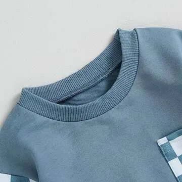 Fall Winter Toddler Baby Boy Clothes 2Pcs Color Block Crewneck Sweatshirt and Pants Sweatsuit Little Boy Clothing (Checkboard Blue, 12-18 Months)