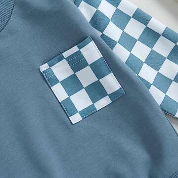 Fall Winter Toddler Baby Boy Clothes 2Pcs Color Block Crewneck Sweatshirt and Pants Sweatsuit Little Boy Clothing (Checkboard Blue, 12-18 Months)