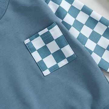 Fall Winter Toddler Baby Boy Clothes 2Pcs Color Block Crewneck Sweatshirt and Pants Sweatsuit Little Boy Clothing (Checkboard Blue, 12-18 Months)