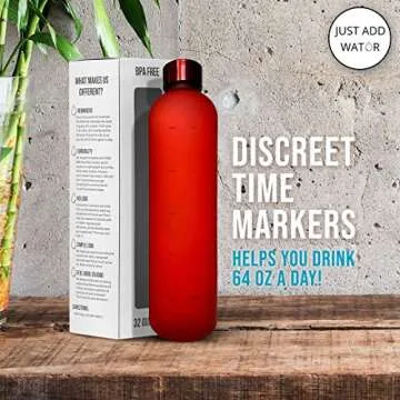 JUST ADD WATUR Motivational Water Bottle with Time Marker Reminder, BPA Free Frosted Tritan Plastic, Leakproof and Drop Resistant, 1 Liter 32 Oz (Red)