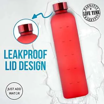 JUST ADD WATUR Motivational Water Bottle with Time Marker Reminder, BPA Free Frosted Tritan Plastic, Leakproof and Drop Resistant, 1 Liter 32 Oz (Red)