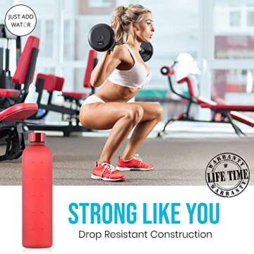 JUST ADD WATUR Motivational Water Bottle with Time Marker Reminder, BPA Free Frosted Tritan Plastic, Leakproof and Drop Resistant, 1 Liter 32 Oz (Red)