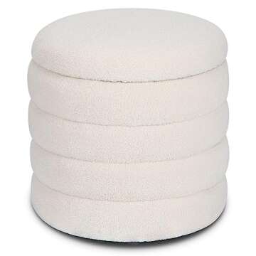 OuchTek Small Ottoman Storage Sherpa Foot Rest for Couch Teddy Foot Stools Footrest Ottoman Round Foot Stool with Storage White Vanity Stool for Makeup Room