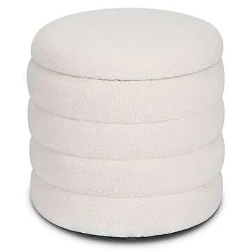 OuchTek Small Ottoman Storage Sherpa Foot Rest for Couch Teddy Foot Stools Footrest Ottoman Round Foot Stool with Storage White Vanity Stool for Makeup Room