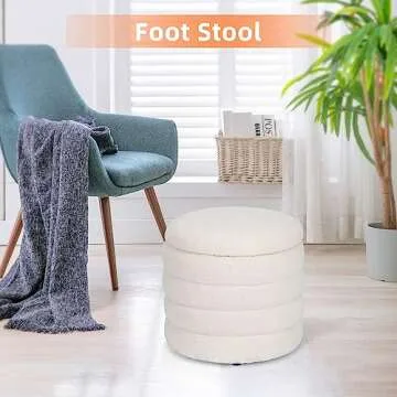 OuchTek Small Ottoman Storage Sherpa Foot Rest for Couch Teddy Foot Stools Footrest Ottoman Round Foot Stool with Storage White Vanity Stool for Makeup Room