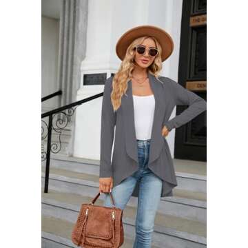 Womens Spring Fashion 2024 Flowy Hem Long Sleeve Fall Cardigan Trendy Knit Work Jackets Grey L