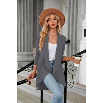 Womens Spring Fashion 2024 Flowy Hem Long Sleeve Fall Cardigan Trendy Knit Work Jackets Grey L