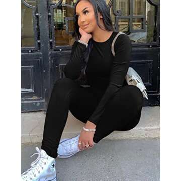 Mizoci Women's Sexy Bodycon Long Sleeve Crewneck Club Outfits One Piece Jumpsuit Romper, X-Large, Black