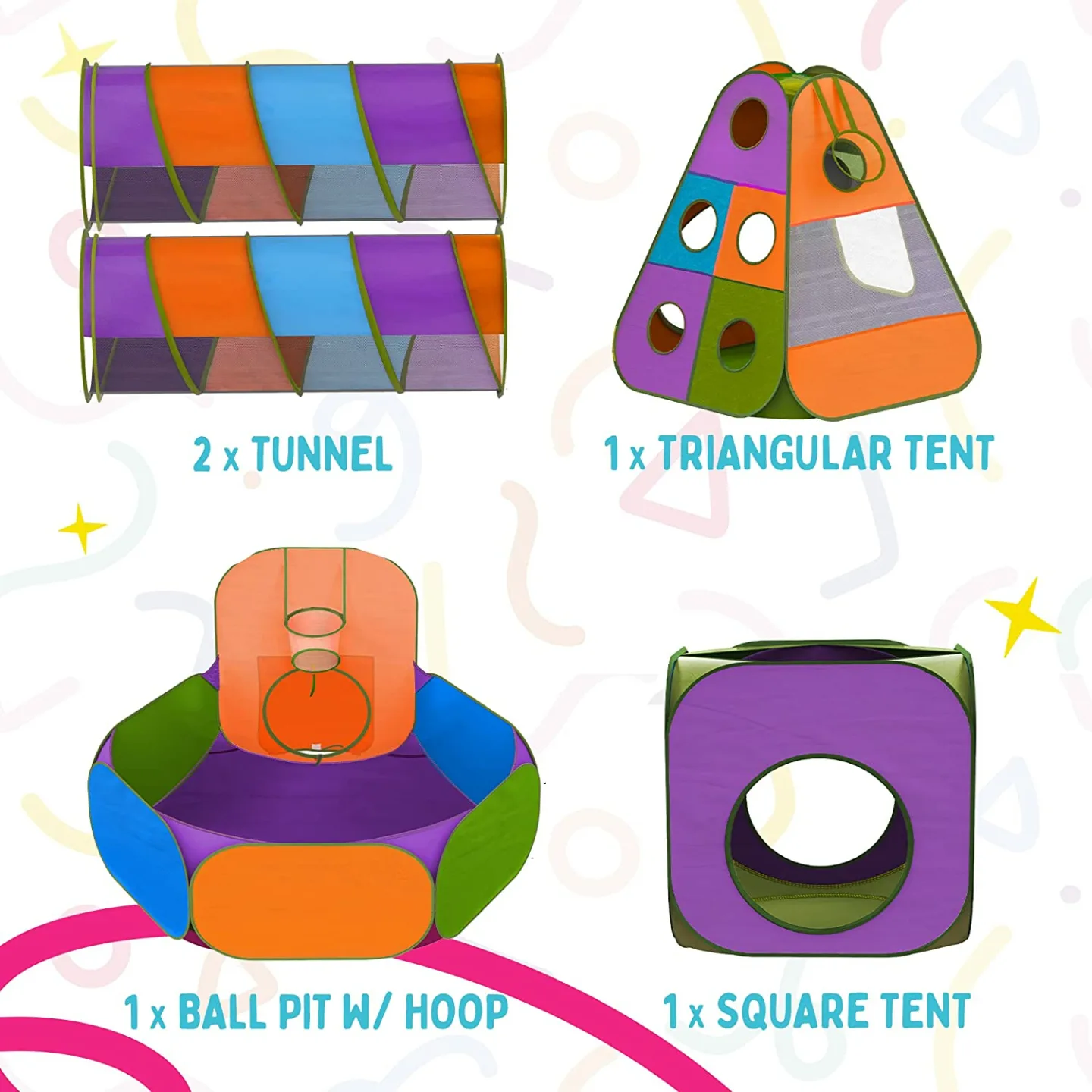 Playz 5-Piece Kids Play Tent with Tunnel & Ball Pit