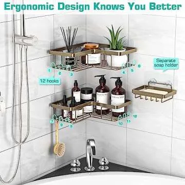 YASONIC 3-Pack Corner Adhesive Shower Caddy with Soap Holder and 12 Hooks, Rustproof Stainless Steel Shower Organizer, No Drilling Wall Mounted Shower Rack, for Bathroom, Brown