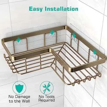 YASONIC 3-Pack Corner Adhesive Shower Caddy with Soap Holder and 12 Hooks, Rustproof Stainless Steel Shower Organizer, No Drilling Wall Mounted Shower Rack, for Bathroom, Brown