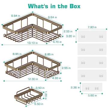 YASONIC 3-Pack Corner Adhesive Shower Caddy with Soap Holder and 12 Hooks, Rustproof Stainless Steel Shower Organizer, No Drilling Wall Mounted Shower Rack, for Bathroom, Brown