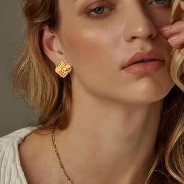 Gold Statement Chunky Stud Earrings for Women，Geometric Square Textured Vintage Trendy Jewelry (Gold)