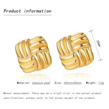 Gold Statement Chunky Stud Earrings for Women，Geometric Square Textured Vintage Trendy Jewelry (Gold)