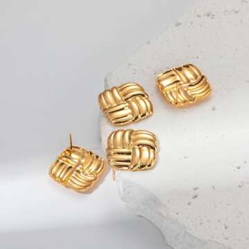Gold Statement Chunky Stud Earrings for Women，Geometric Square Textured Vintage Trendy Jewelry (Gold)