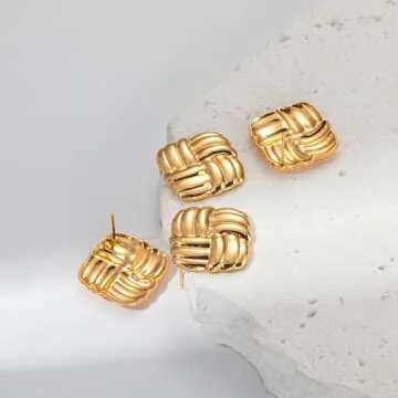 Gold Statement Chunky Stud Earrings for Women，Geometric Square Textured Vintage Trendy Jewelry (Gold)