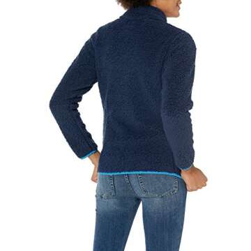 Amazon Essentials Women's Sherpa Long-Sleeve Mock Neck Full-Zip Jacket with Woven Trim (Available in Plus Size), Blue Navy Color Block, Small