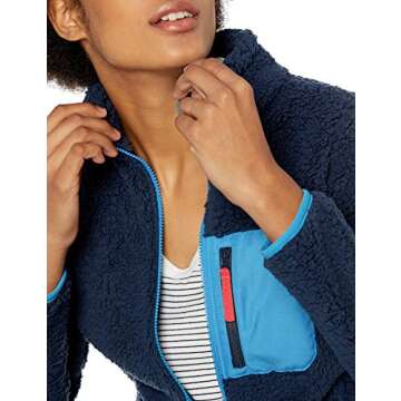 Amazon Essentials Women's Sherpa Long-Sleeve Mock Neck Full-Zip Jacket with Woven Trim (Available in Plus Size), Blue Navy Color Block, Small