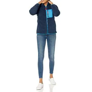 Amazon Essentials Women's Sherpa Long-Sleeve Mock Neck Full-Zip Jacket with Woven Trim (Available in Plus Size), Blue Navy Color Block, Small