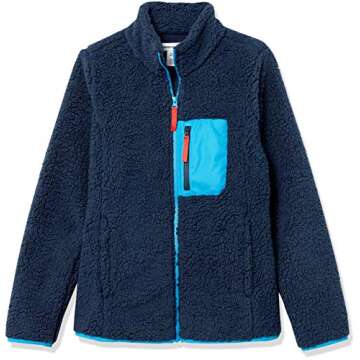 Amazon Essentials Women's Sherpa Long-Sleeve Mock Neck Full-Zip Jacket with Woven Trim (Available in Plus Size), Blue Navy Color Block, Small