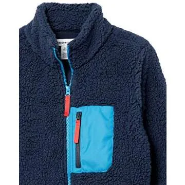 Amazon Essentials Women's Sherpa Long-Sleeve Mock Neck Full-Zip Jacket with Woven Trim (Available in Plus Size), Blue Navy Color Block, Small