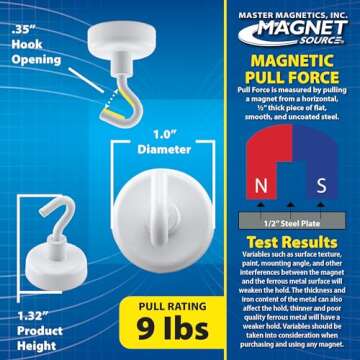 Master Magnetics White Magnetic Hook Set - 1" Diameter, 1.5" Height, 9 Pound Pull, Pack of 8, MHHH9X8