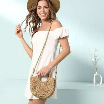 JOLLQUE Straw Beach Bag for Women, Summer Handwoven Tote Bags Purse with Tassel,Top Handle Straw Handbag Clutch 2025(Khaki Mini)
