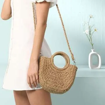 JOLLQUE Straw Beach Bag for Women, Summer Handwoven Tote Bags Purse with Tassel,Top Handle Straw Handbag Clutch 2025(Khaki Mini)