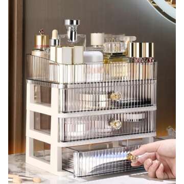 MIUOPUR Makeup Organizer with 3 Large Drawers, Countertop Organizer for Cosmetics, Ideal for Bathroom and Bedroom Vanity Countertops, Desk Storage Holder for Lipstick, Brushes and Nail Polish