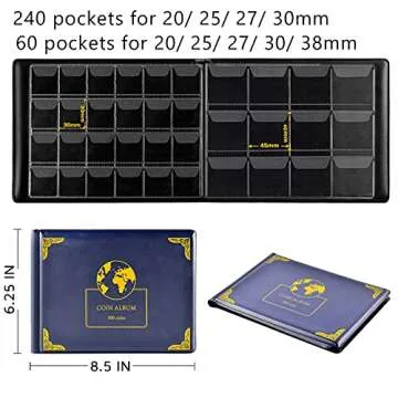 Aptbyte Coin Collection Supplies Holder Book for Collectors, 300 Pockets Coin Collection Organizer Storage Box Case Album for 20/25/ 27/30/ 38mm Coins- Blue