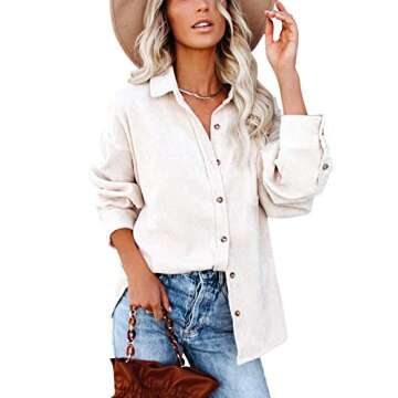 Beafeimei Womens Corduroy Shirts Casual Long Sleeve Solid Color Button Down Collared Shirt Jacket Tops Blouse with Pockets (White, M)