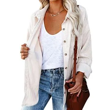 Beafeimei Womens Corduroy Shirts Casual Long Sleeve Solid Color Button Down Collared Shirt Jacket Tops Blouse with Pockets (White, M)