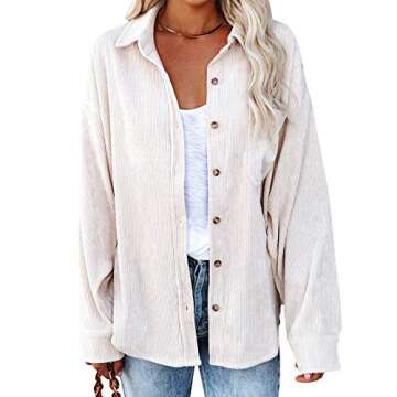 Beafeimei Womens Corduroy Shirts Casual Long Sleeve Solid Color Button Down Collared Shirt Jacket Tops Blouse with Pockets (White, M)