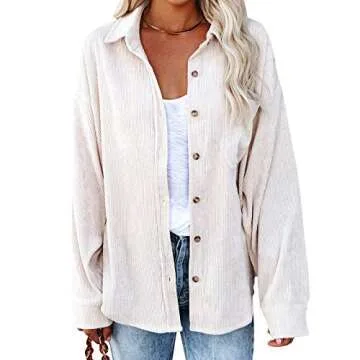 Beafeimei Womens Corduroy Shirts Casual Long Sleeve Solid Color Button Down Collared Shirt Jacket Tops Blouse with Pockets (White, M)